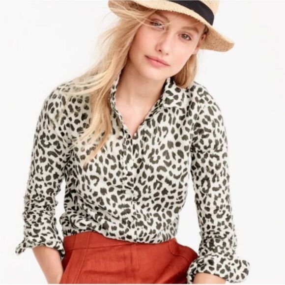 J. Crew Cheetah Print Linen Blend Perfect Button Down Shirt, Size 0 NWOT - Picture 1 of 11